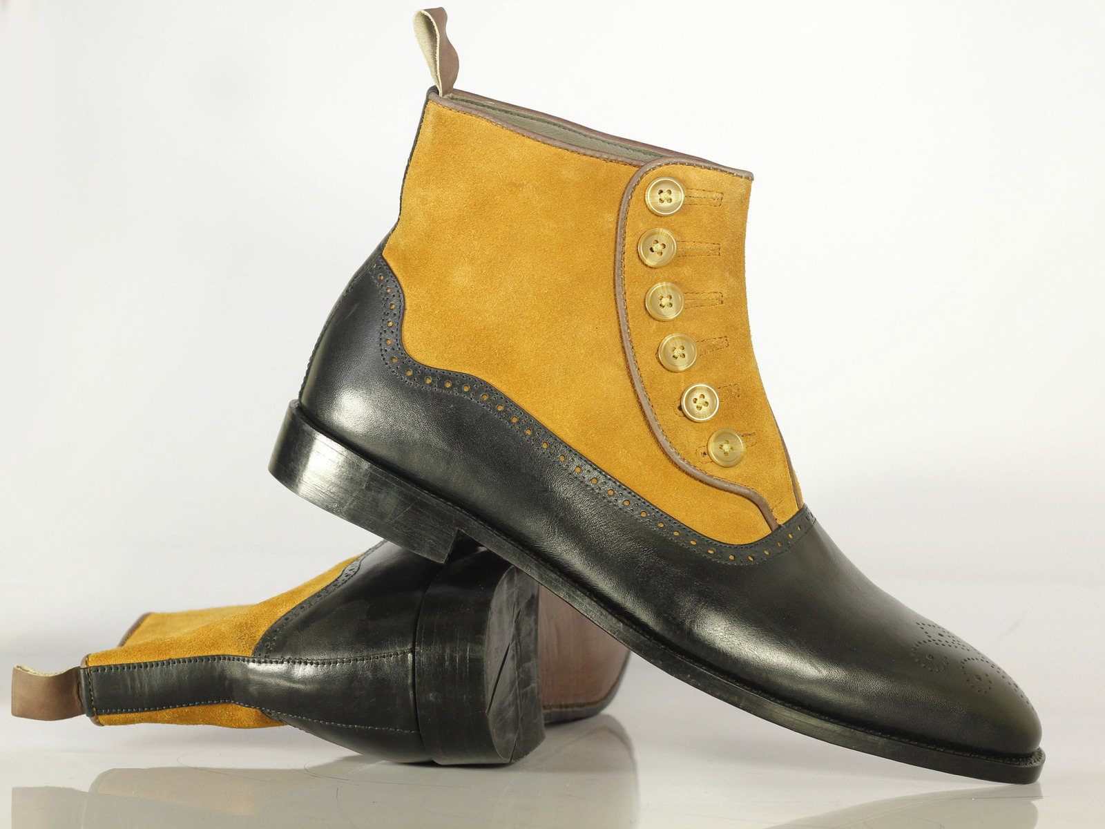 Handmade Men's Black Yellow Brogue Toe Boots, Men Leather Suede Button Boots