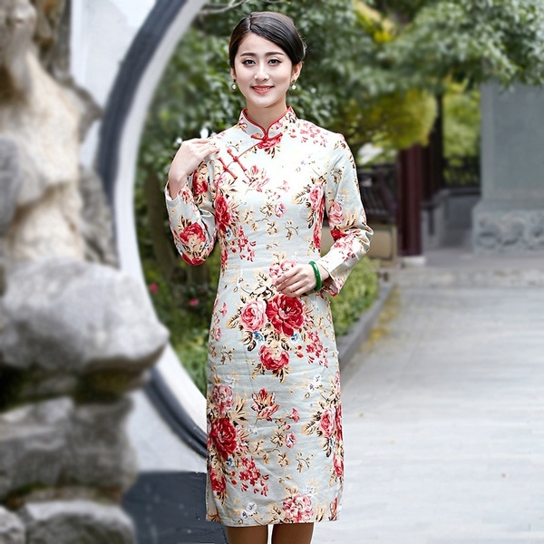 Women Vintage Plus Size Chinese Traditional Cheongsam Dress Linen Long Sleeve El