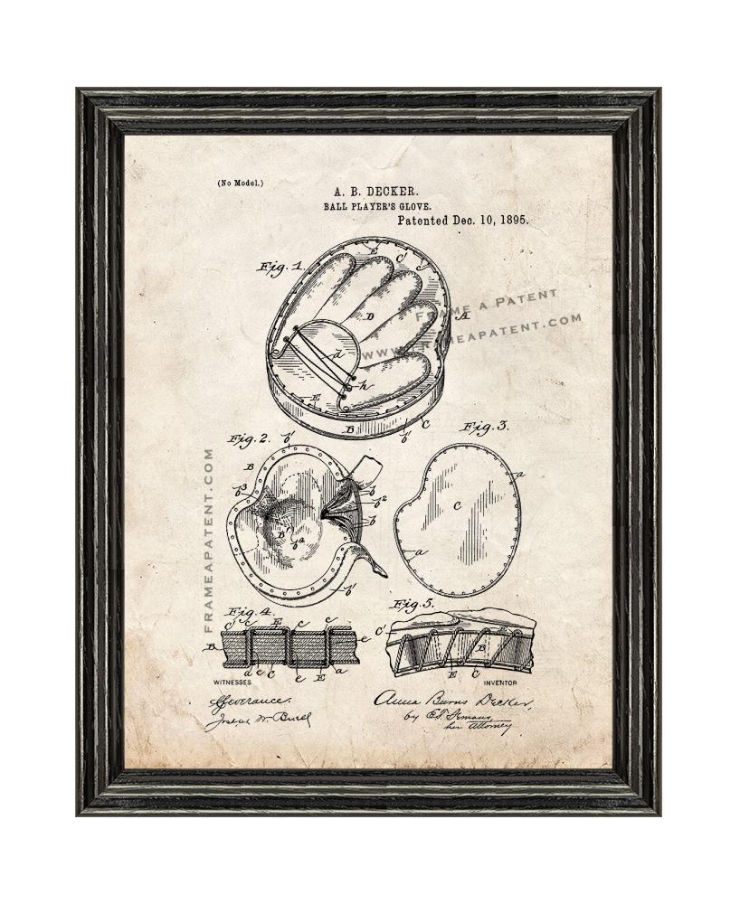BaseBall Player's Glove Patent Print Old Look with Black Wood Frame