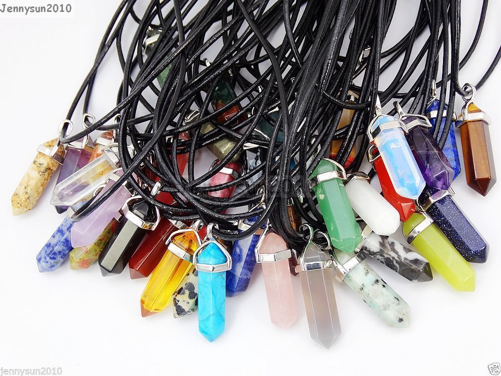 Natural Gemstones Hexagonal Pointed Reiki Chakra Pendant Real Leather Necklace