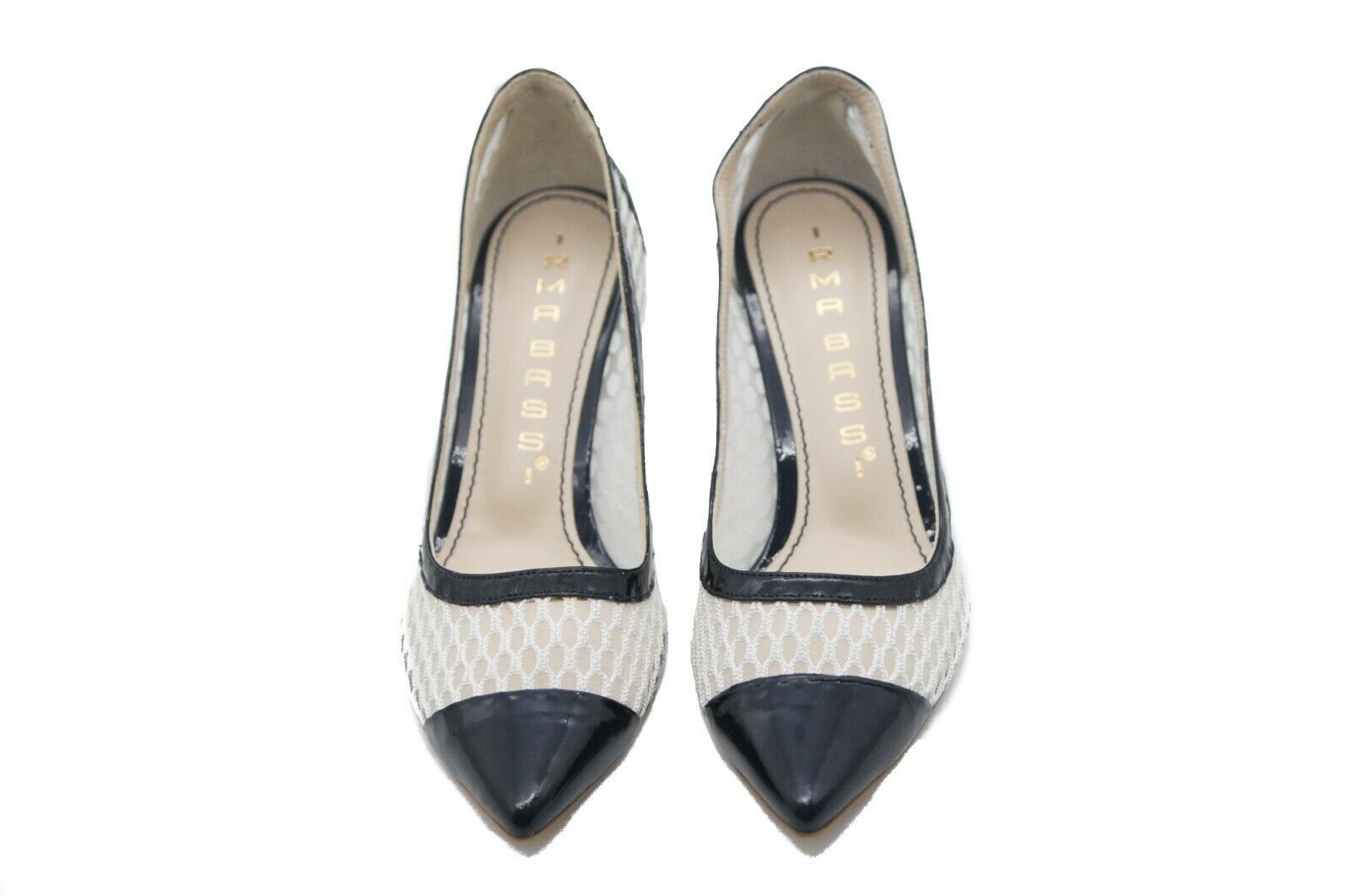 Ladies Navy and White Mesh Net Mid Heel Court Shoes UK Designed - Heels