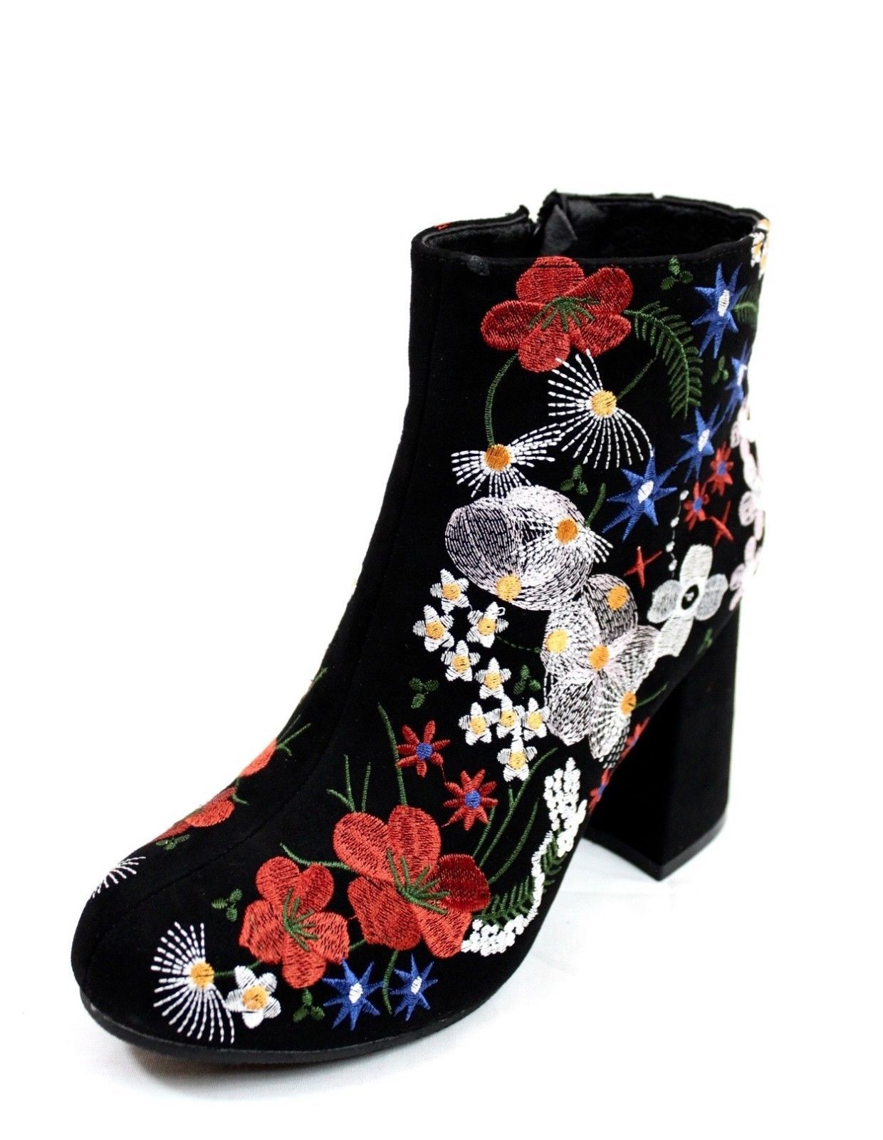Qupid Round Toe Embroidered Floral Black Block Chunky Heel Bootie Ankle ...