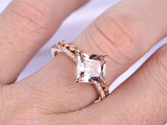 8mm Cushion Morganite & Diamond Art Deco Engagement Ring Set 14K Rose Gold Over