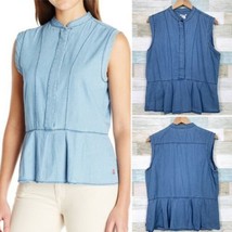 Levis Chambray Peplum Top Blue Sleeveless Pleated Cotton Casual Womens L... - $24.74