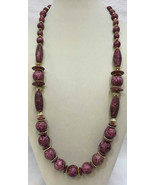 Necklace Pink Marbled Beads w/ Gold Spacers Chunky Plastic 29&quot; Disk Tube... - $14.10