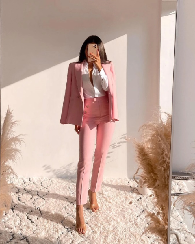 New pink two-piece suit set double breasted long women blazer and pencil pants