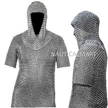 Medieval Chain Mail Shirt and Coif Armor Set (Full Size) Fit upto 3XL Long Shirt