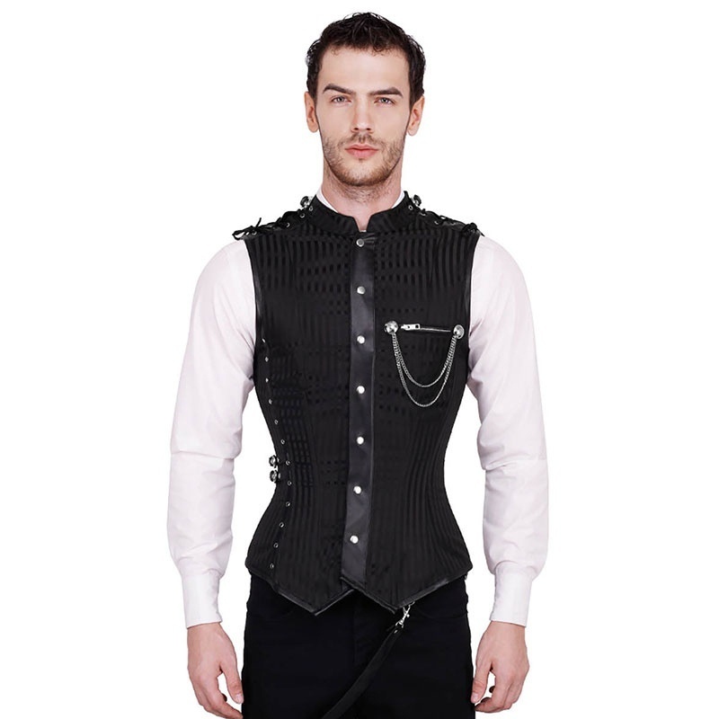 Black Striped Cotton Sleeveless Stand Collar Steampunk Jacket Men Gothic Clothin