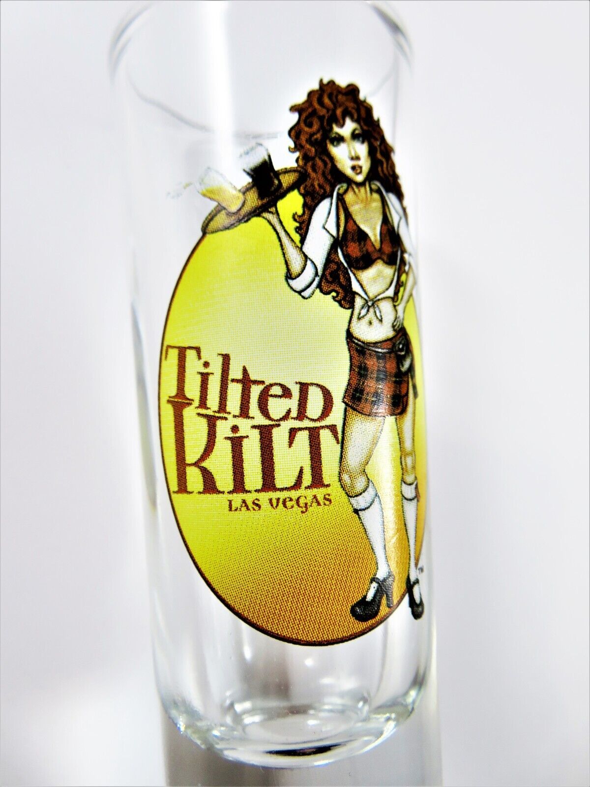 Tall Shot Glass Tilted Kilt Las Vegas Signed On Bottom Weighted Rare 2