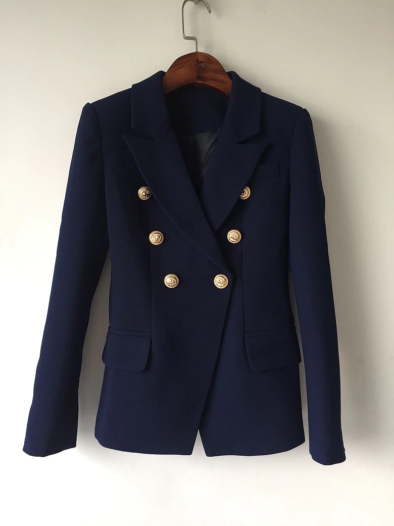 Navy blue double breasted elegant long sleeve women blazer suit spring