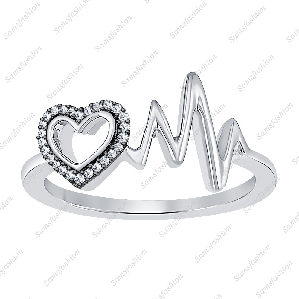 14K White Gold Over Silver 0.33ctw Round Lab Diamond Lovely Heartbeat Ring