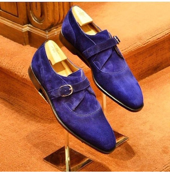 Handmade Royal Blue Color Luxury Dress Shoe, Men Monk Designer Suede