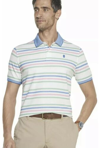 Mens Izod Advantage Golf Polo Shirt Size L Blue Green Striped Short Sleeve $50.