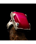 Sterling Silver Ring with rectangle shaped pink Agate Cabochon Size 7.5 - $69.00