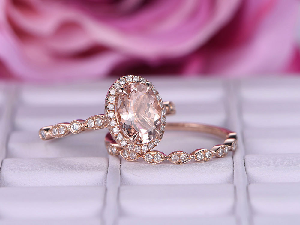 6x8mm Oval Morganite & Diamond 14k Rose Gold Over Art Deco Wedding Halo Ring Set