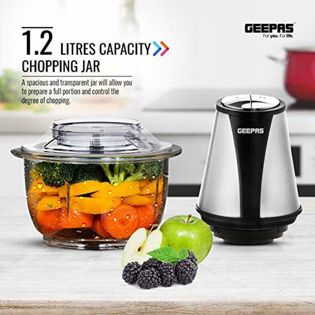 Geepas 400W Mini Food Processor 1.2L Glass Jar Bowl 4 Stainless Steel