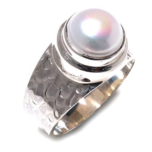 Natural Pearl Gemstone Real Authentic 925 Sterling Silver Handmade Hammered Fing