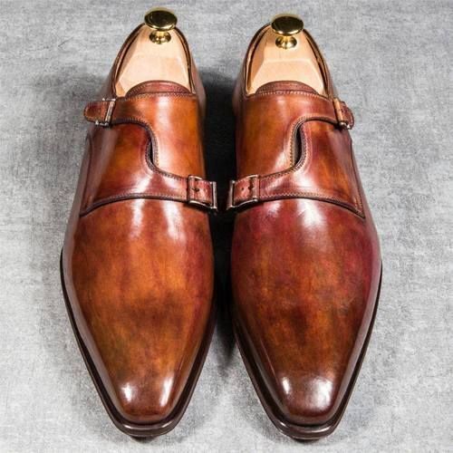NEW Handmade Men's New Shaded Leather shoes, Men's Tan Derby Monk Strap Dress sh