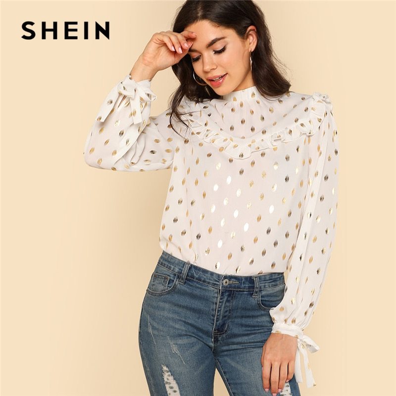 SHEIN 2018 Spring Womens Tops and Blouses Long Sleeve Stand Collar ...