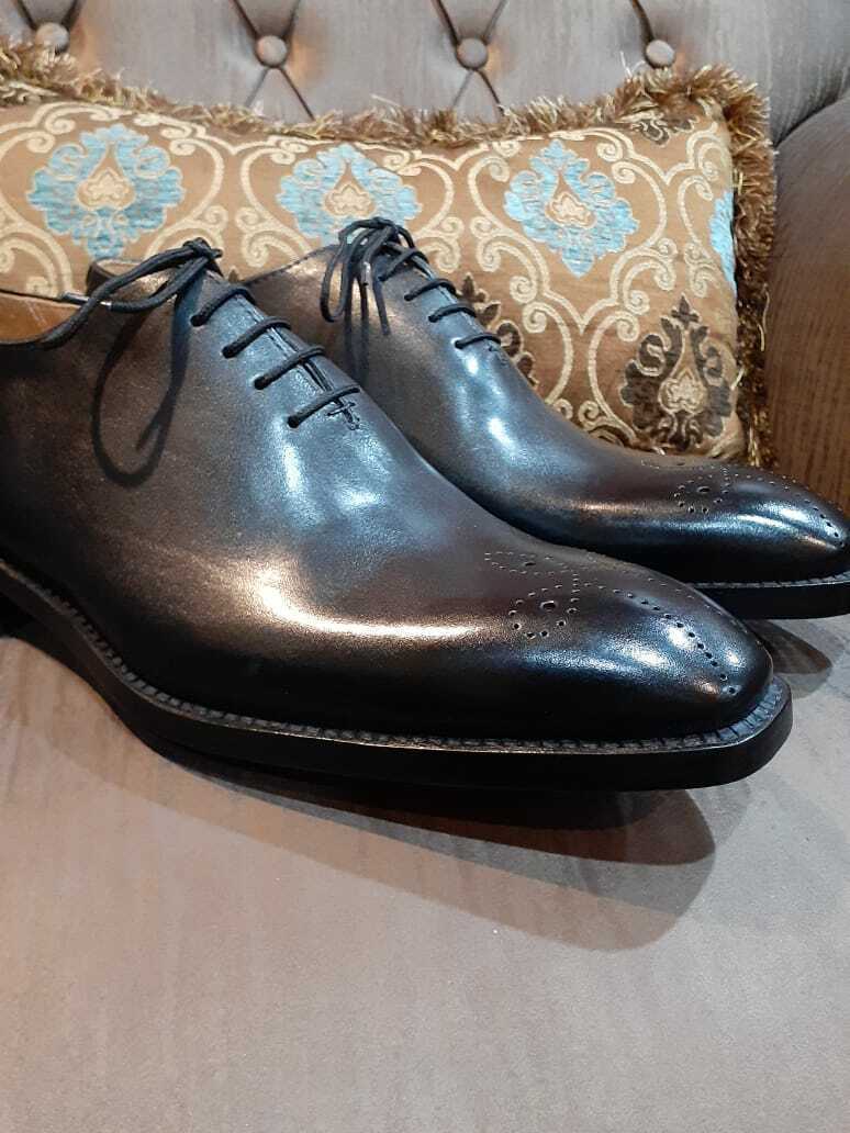 New Men's Handmade Black Leather Oxford Whole Cut Chisel Toe Dress
