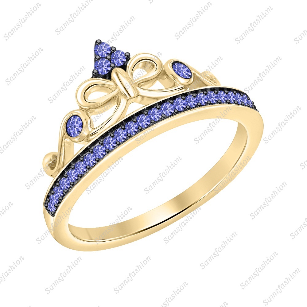 14k Yellow Gp 925 Sterling Silver Tanzanite Disney Princess Crown Ring For Women