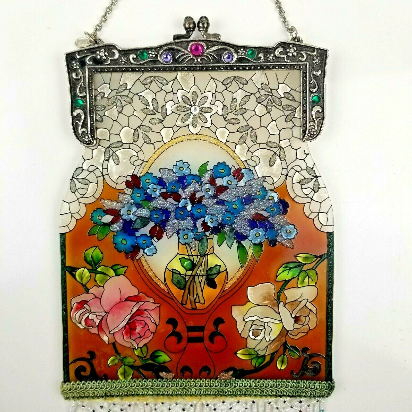 AMIA Studios Vintage Purse Floral Stained Glass Suncatcher Beads Jewel