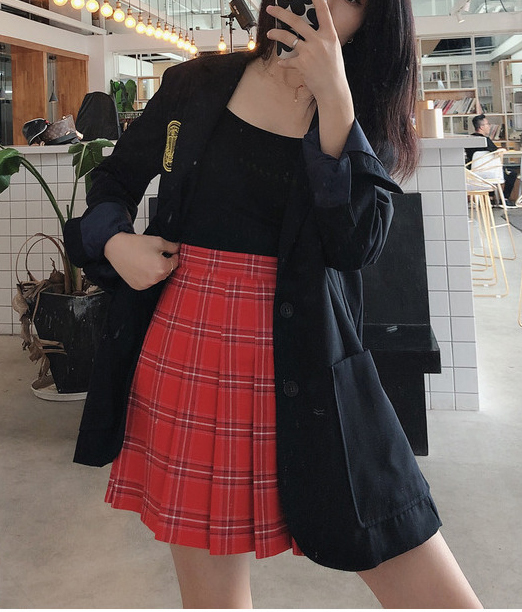 Women Short RED Plaid Skirt Outfit High Waisted Full Pleated Plaid ...