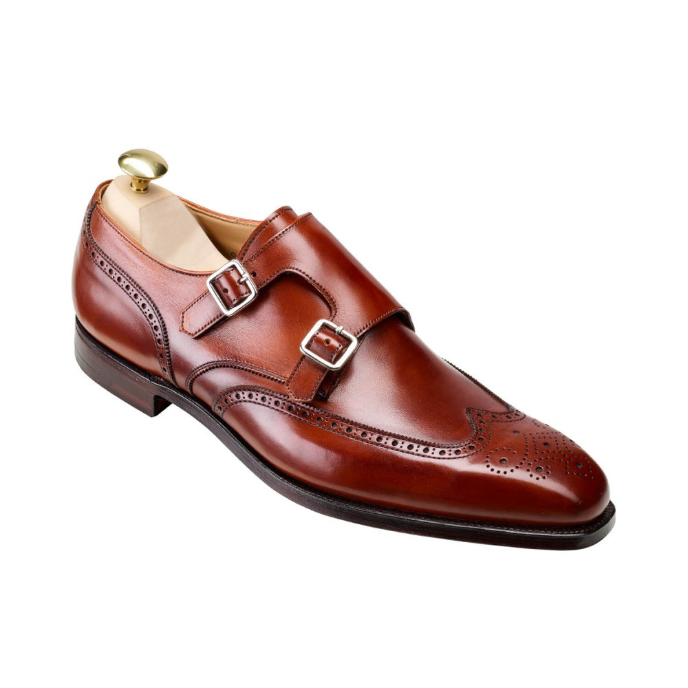 Men Brown Monk Double Buckle Straps Wing Tip Brogue Toe Leather Shoes ...