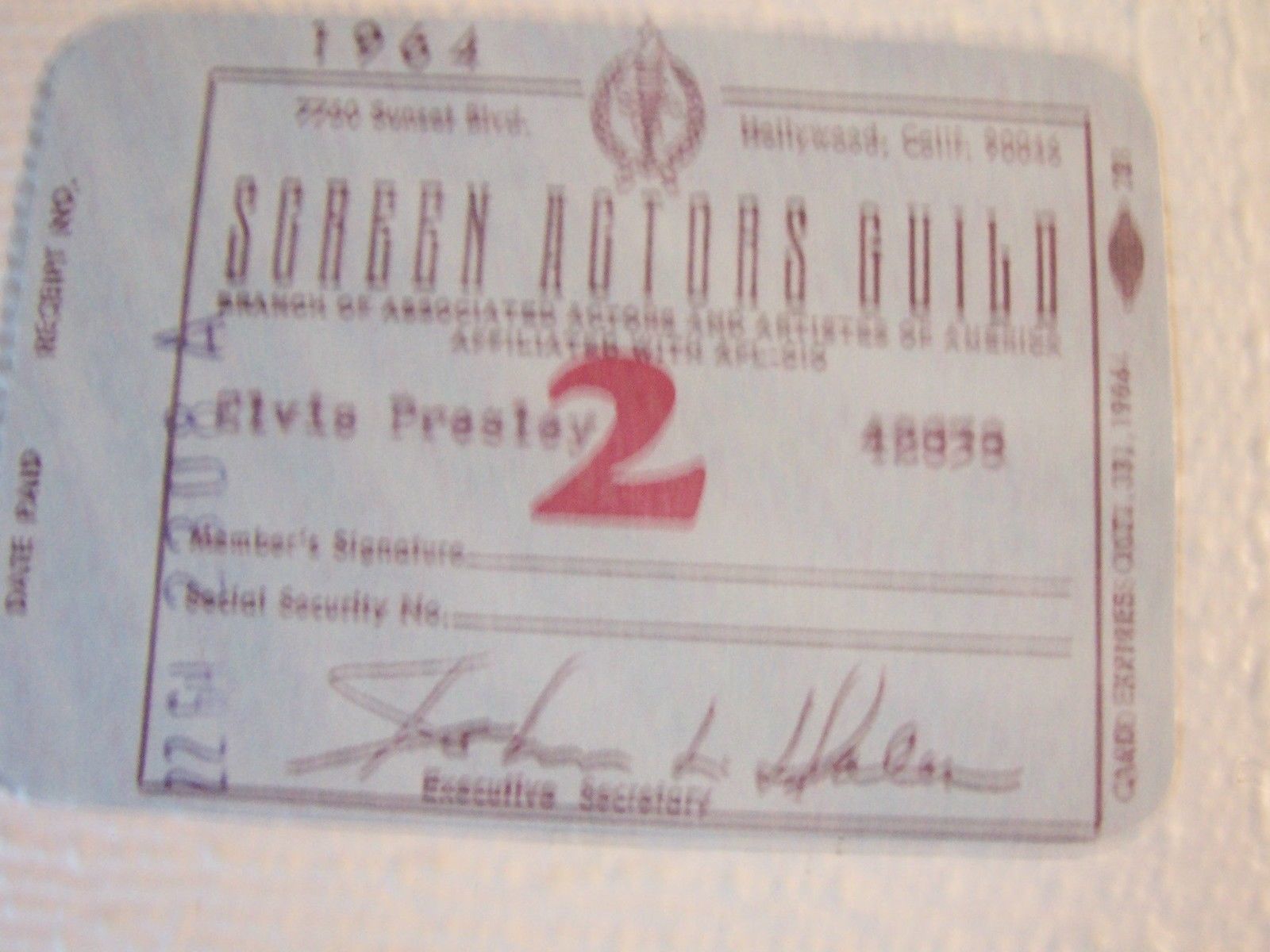 ELVIS PRESLEY SCREEN ACTORS GUILD CARD DATED OCT. 31, 1964