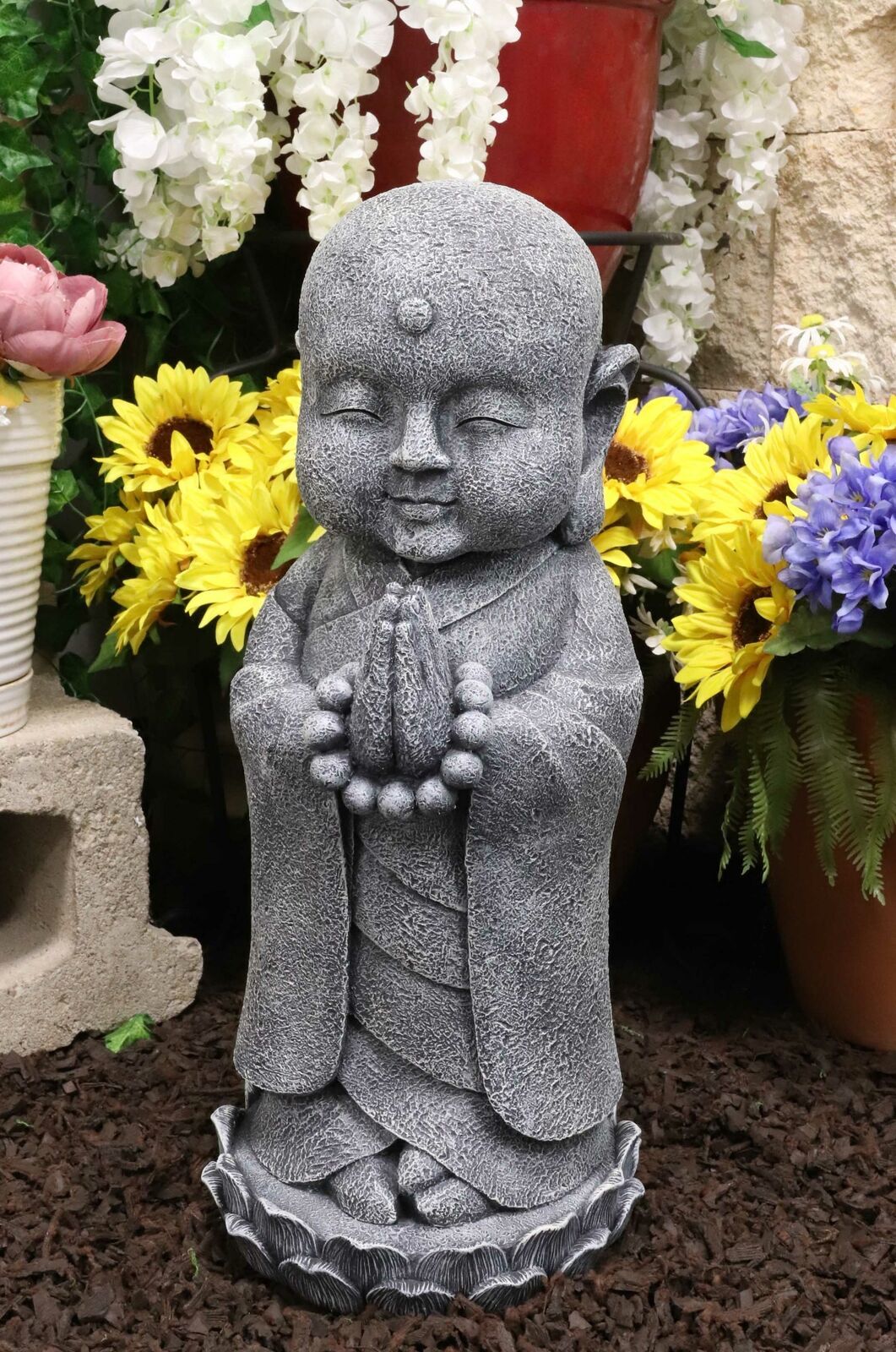 20H Large Jizo Buddha Monk With Prayer Beads On Lotus Throne Garden Statue