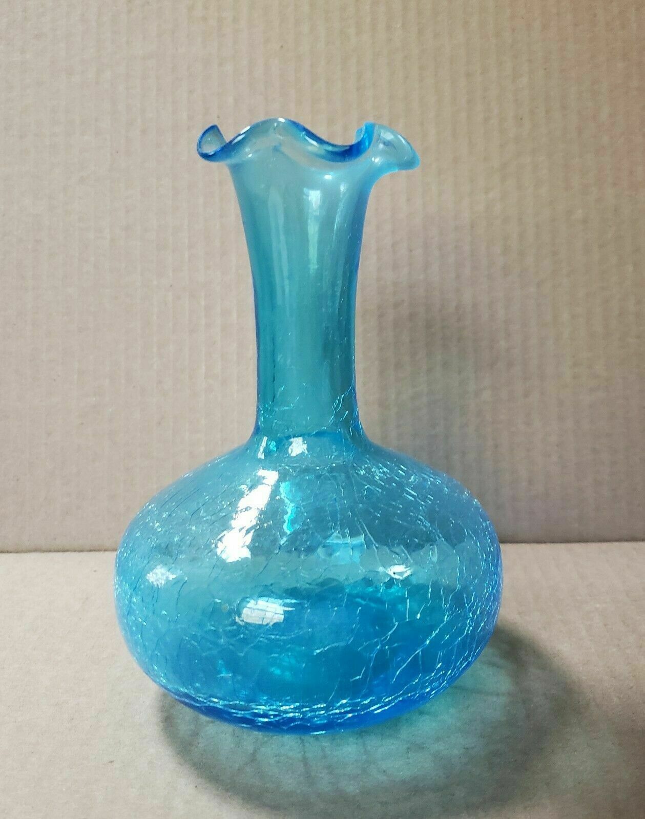 Hand-blown light blue crackle glass vase