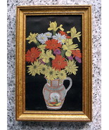 WOVEN EMBROIDERY SILK ART WORK FRAMED OF YELLOW, ORANGE & PINK FLOWERS IN VASE - $43.95
