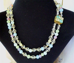 Vintage Pastel Opalescent Glass 2 Strand Necklace Silver Rhinestone Big ... - $38.00