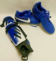 Nike Tiempo Youth Soccer Cleats Size 5.5 Royal Blue White Adidas Shin Guards L - £13.95 GBP