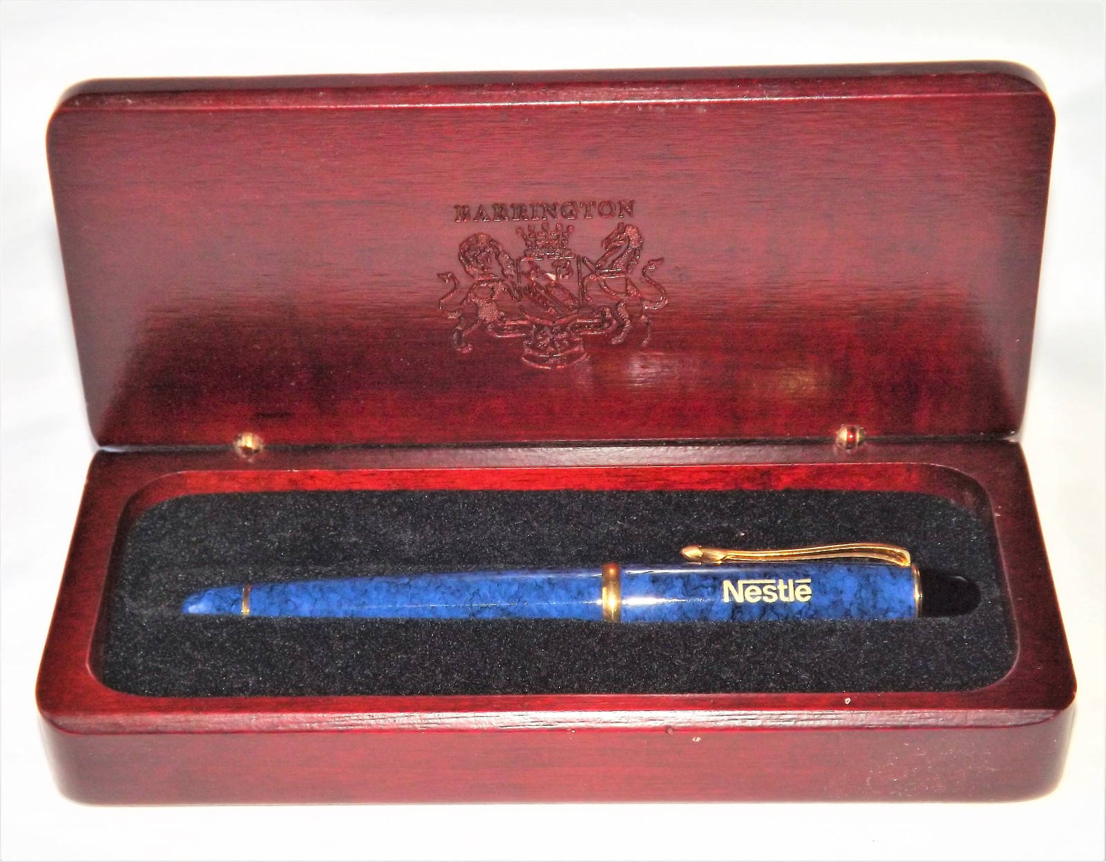 20th Century Nestle Marble Blue Rollerball Ink Pen w/Cherry Wood Case