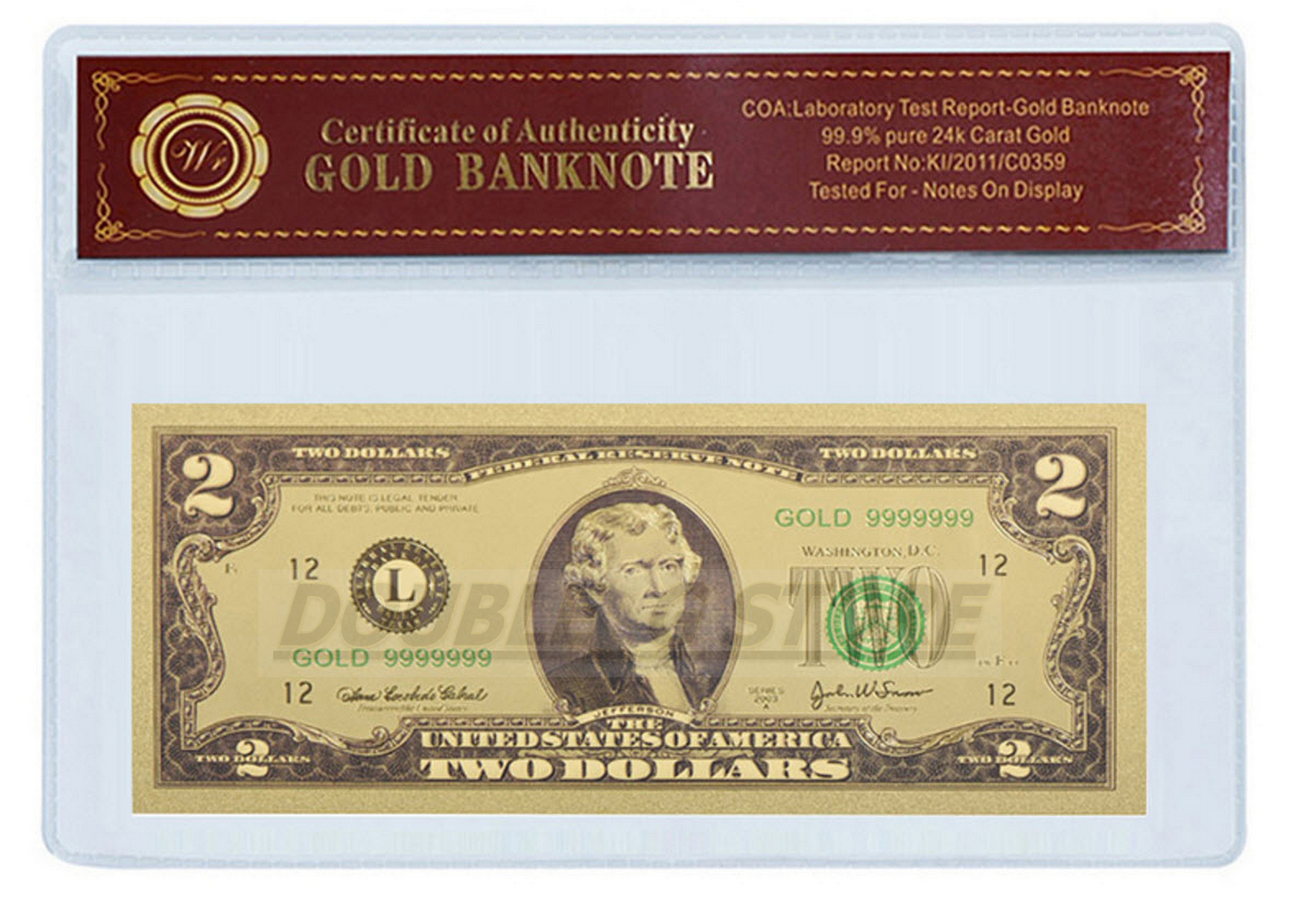 24K 999 GOLD $2 DOLLAR BANKNOTE WITH COA (CERT OF AUTHENTICITY) BU