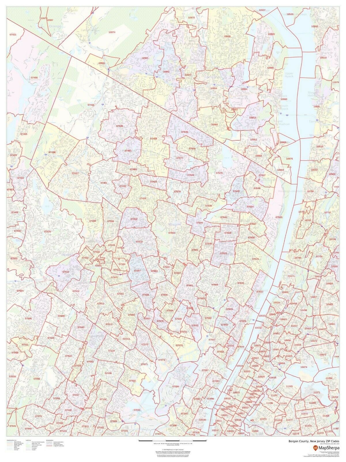 Bergen County, New Jersey ZIP Codes Laminated Wall Map (MSH) US