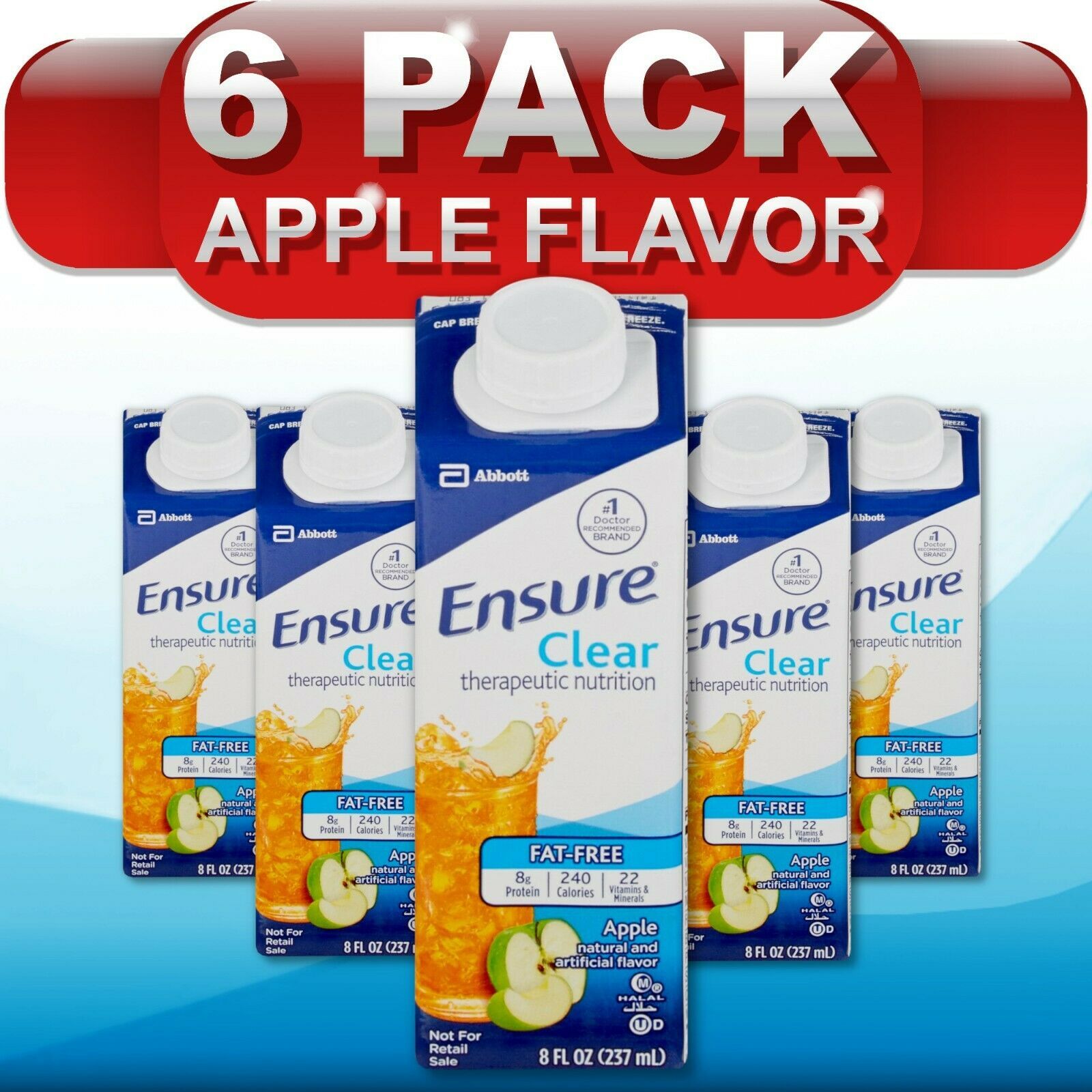 6 Pack Ensure Clear Apple Flavor Oral Supplement 8 Oz Ready To Use Carton Energy Bars 8979