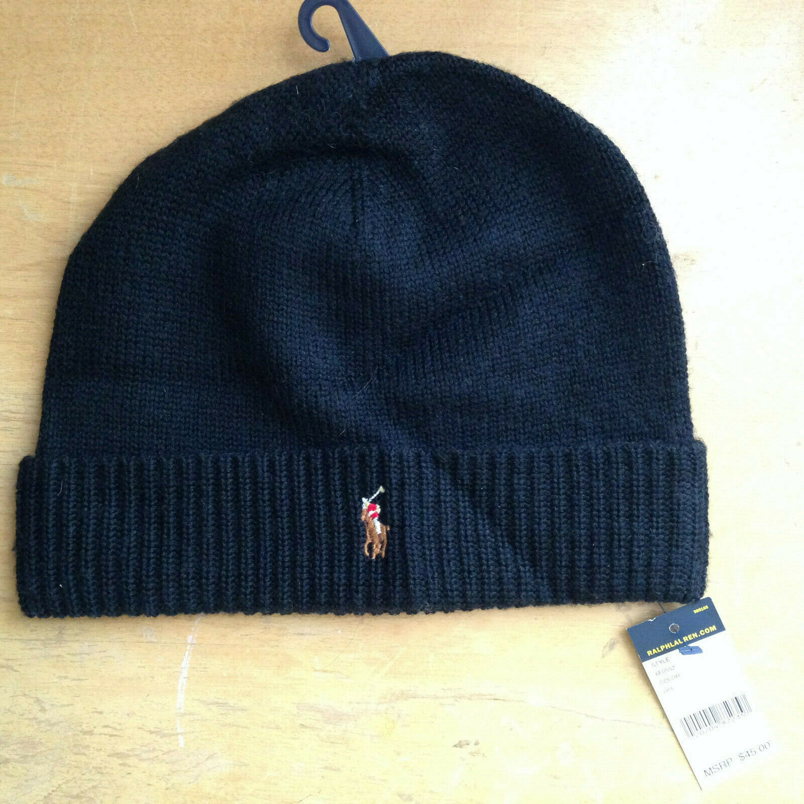 Primary image for NWT POLO Ralph Lauren Black Beanie 100% Wool Snug Winter Cap Logo Hat O/S $45