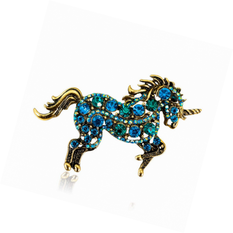Unicorn Brooch Pins Animal  Rhinestone Hollow Plating Metal Blue Horse