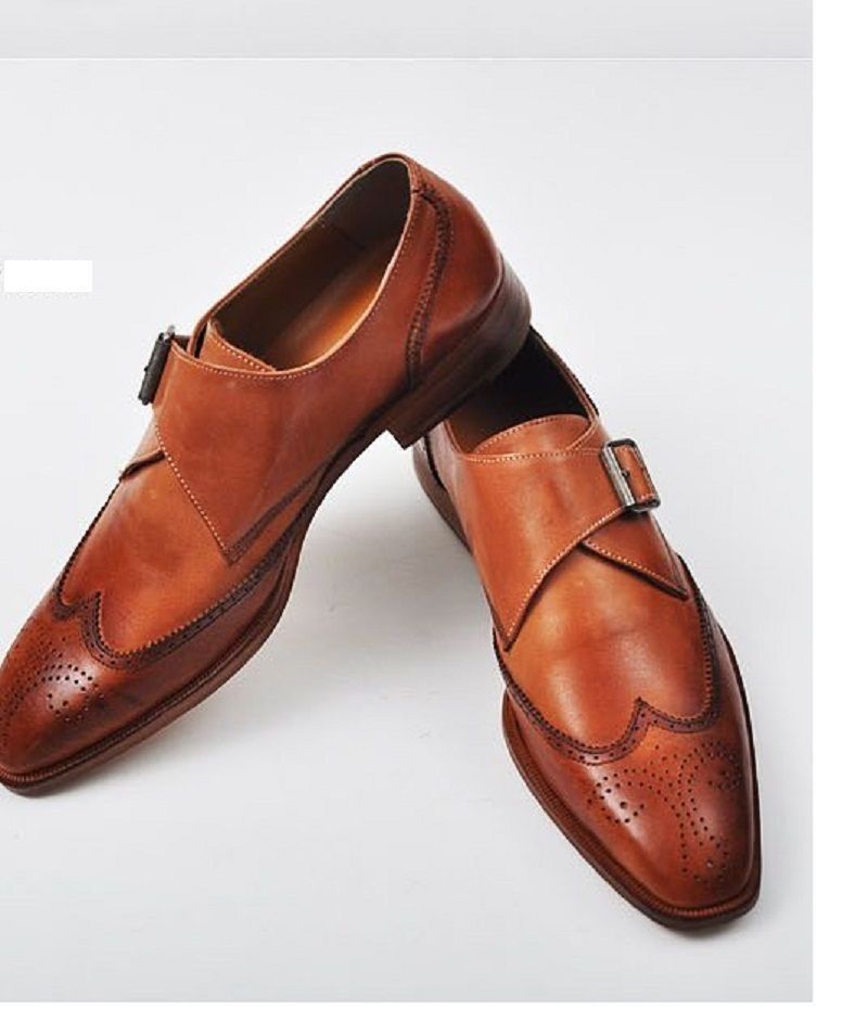 Handmade Men's Tan Leather Monk Strap Dress Shoes, Men Wing Tip Brogue Shoes
