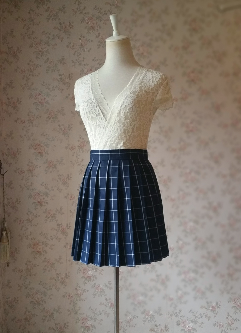 NAVY Blue PLAID Skirt Pleated Plaid Skirt School Mini Plaid Skirt US0-US16