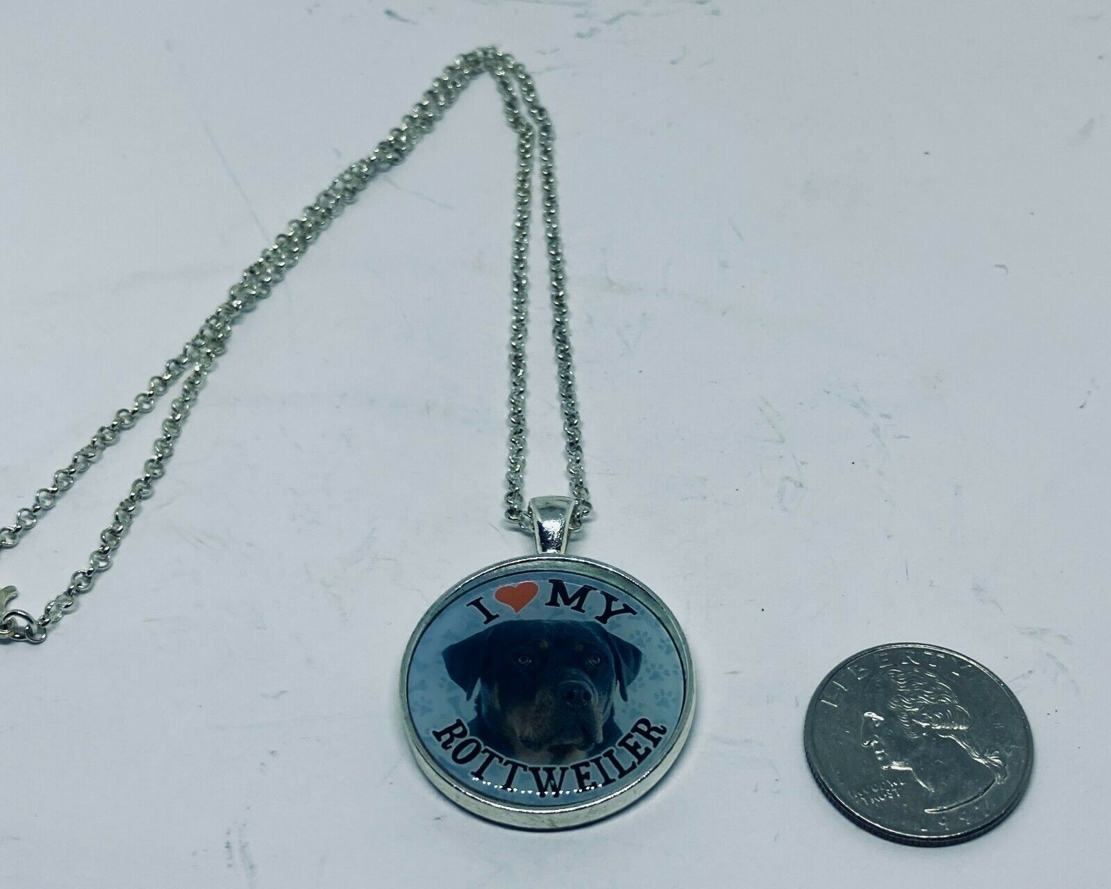 I Love My Rottweiler 18 Shiny Silver Rolo Loop Necklace With Antique Bezel