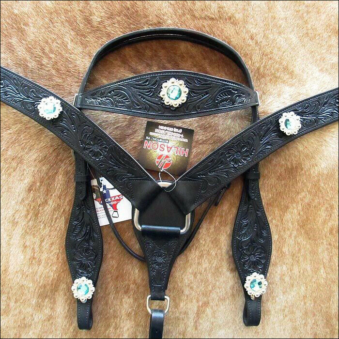Western Horse Headstall Breast Collar Set American Leather Black Hilason USET Bridles