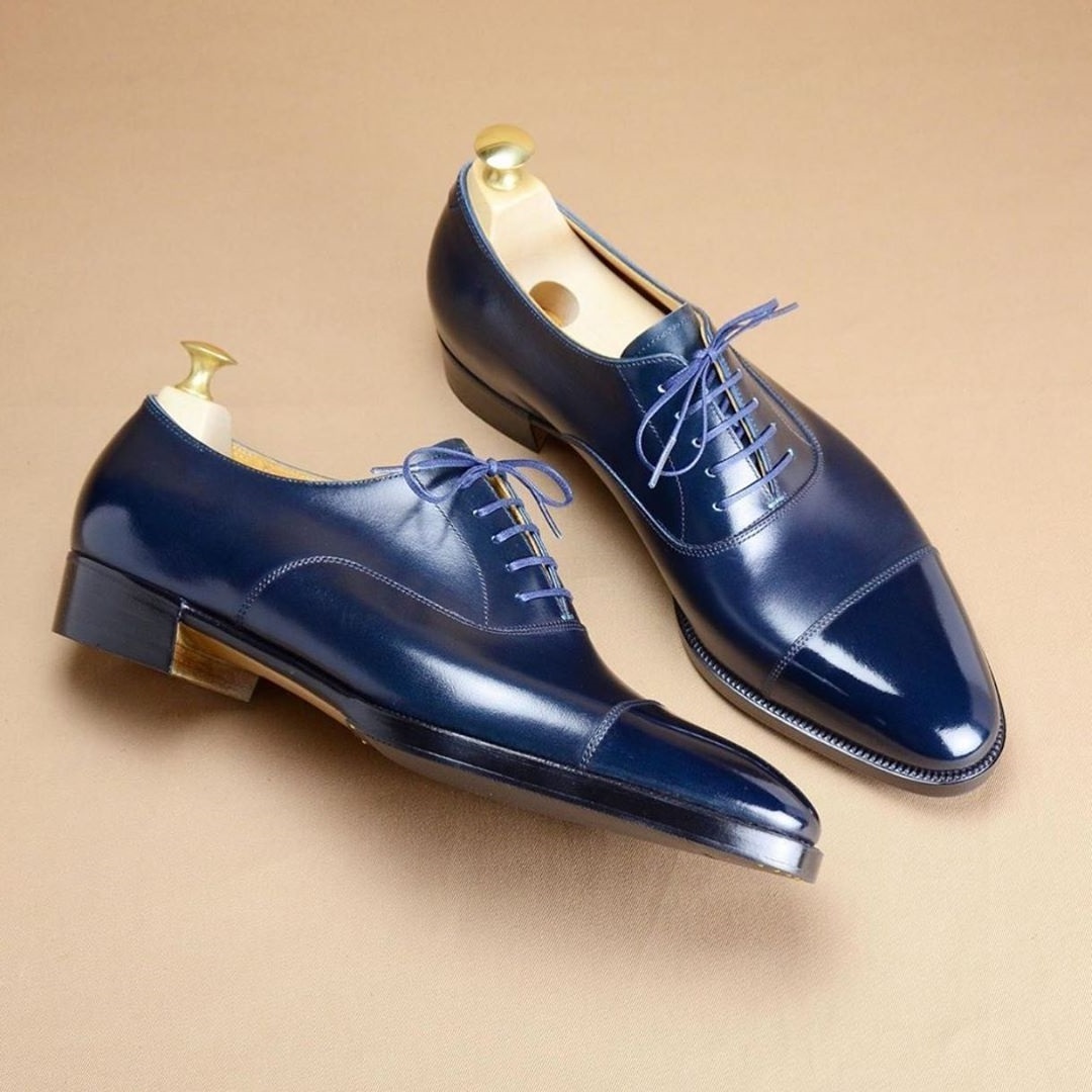 Handmade Leather Oxford Navy Blue Colour Cap Toe Formal Dress Shoes For