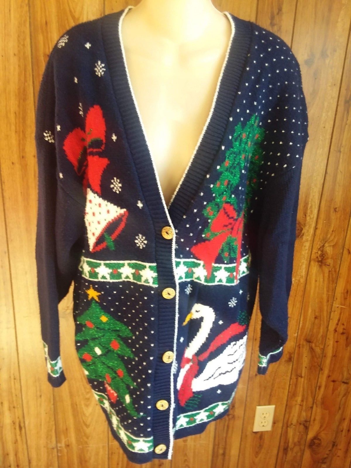Nutcracker Womens Sweater Cardigan Large Swan, Wreath Bells Vintage