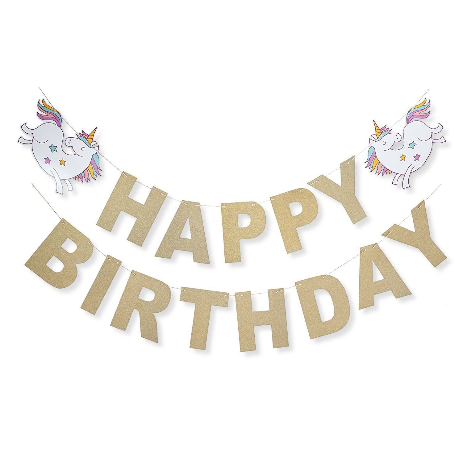 Unicorn Rainbow Gold Glitter Happy Birthday Banner