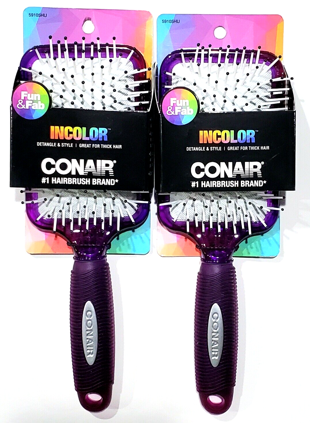 Primary image for 2 Conair Incolor Square Purple White Hair Brush Fun Fab Detangle