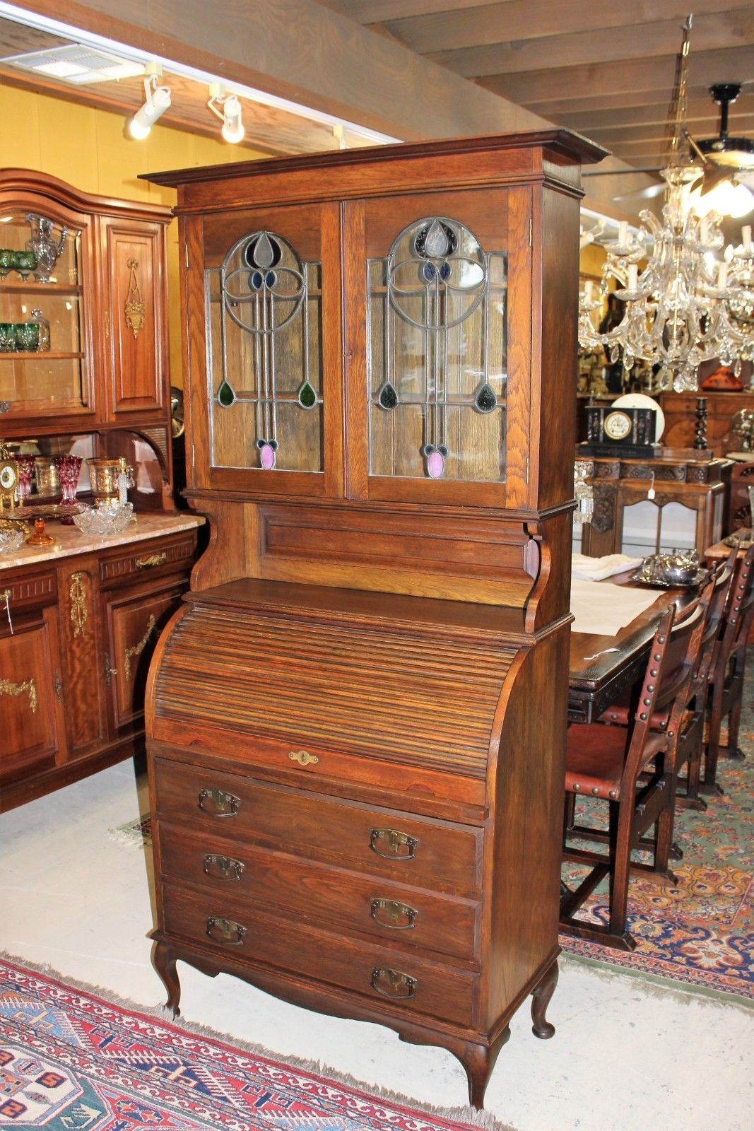 Antique English Oak Wood Secretary Tall Stained Glass Roll Top Desk / Bookcase 19001950