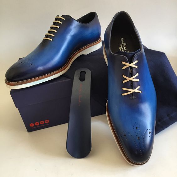 Two Tone Blue Black Cont Burnished Medallion Toe White Laces Real Leather Shoes